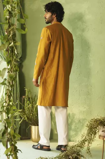 Yellow plain chanderi kurta pajama