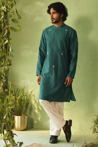 Green plain chanderi kurta pajama
