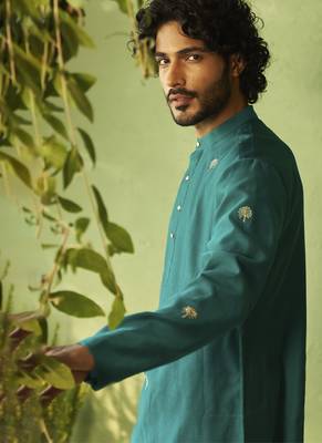 Green plain chanderi kurta pajama 3