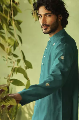Green plain chanderi kurta pajama