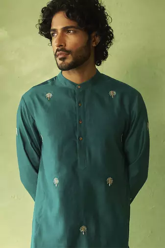Green plain chanderi kurta pajama