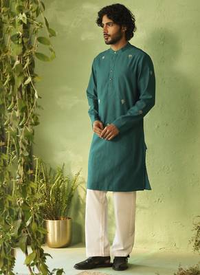 Green plain chanderi kurta pajama 5