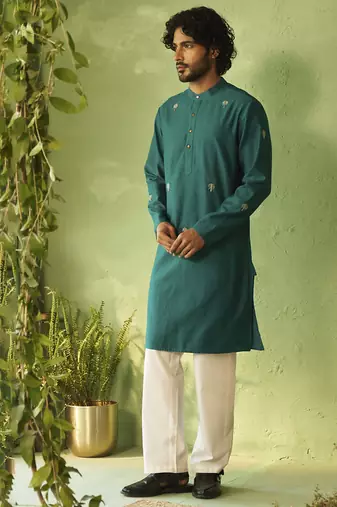 Green plain chanderi kurta pajama