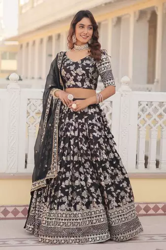 Black sequin and zari embroidered Dola Silk Jacquard lehenga choli