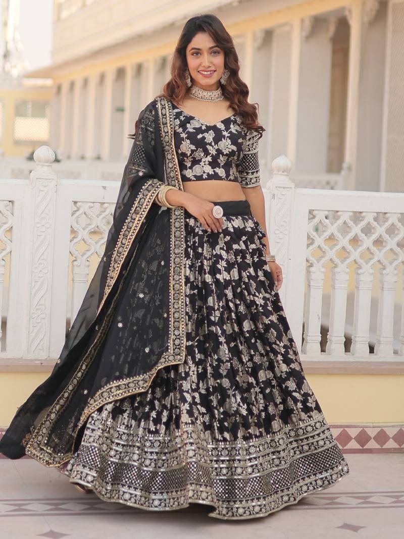 Black sequin and zari embroidered Dola Silk Jacquard lehenga choli