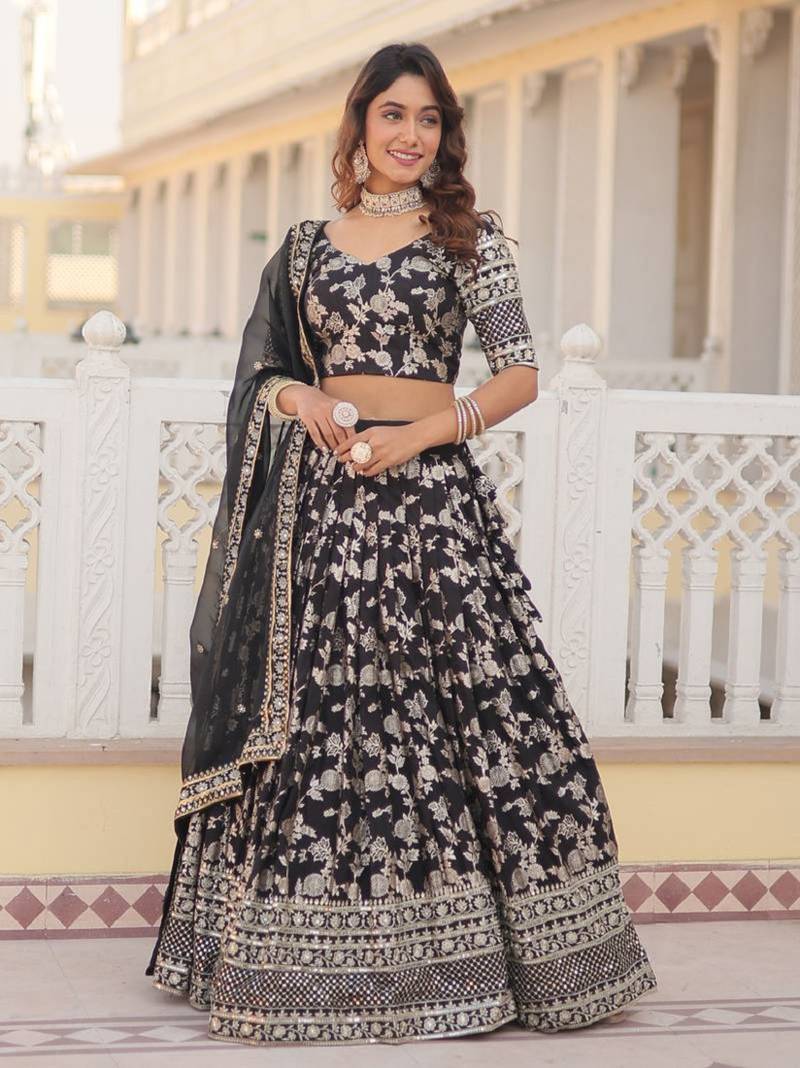 Black sequin and zari embroidered Dola Silk Jacquard lehenga choli