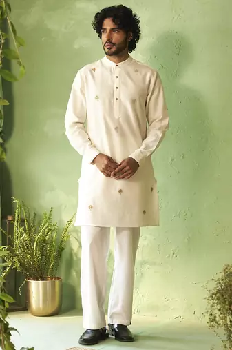 White plain chanderi kurta pajama