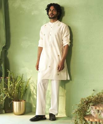 White plain chanderi kurta pajama 5