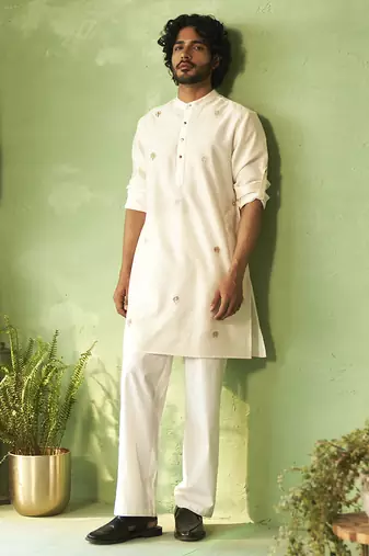 White plain chanderi kurta pajama
