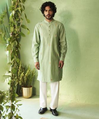 Green plain chanderi kurta pajama 1