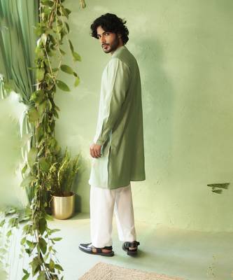 Green plain chanderi kurta pajama 3