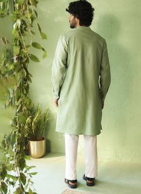 Green plain chanderi kurta pajama 4