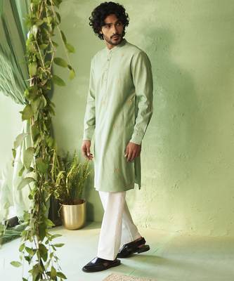 Green plain chanderi kurta pajama 5