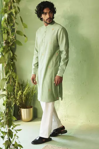 Green plain chanderi kurta pajama