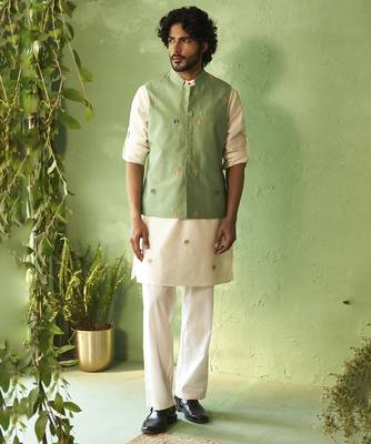 Green plain chanderi nehru jacket set 1