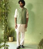 Green plain chanderi nehru jacket set
