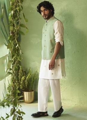 Green plain chanderi nehru jacket set 2