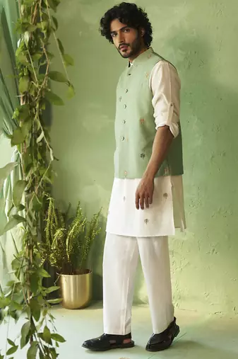 Green plain chanderi nehru jacket set