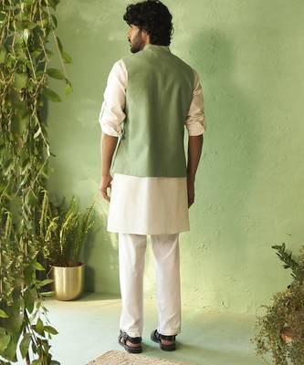 Green plain chanderi nehru jacket set 3