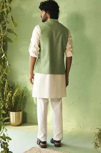 Green plain chanderi nehru jacket set