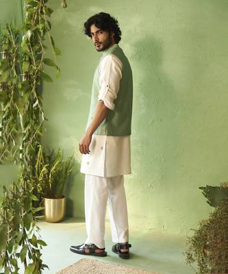 Green plain chanderi nehru jacket set 4