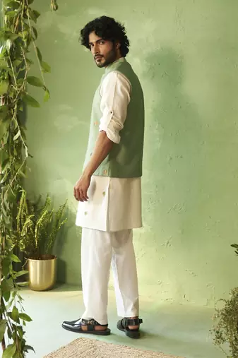 Green plain chanderi nehru jacket set