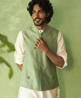 Green plain chanderi nehru jacket set 5