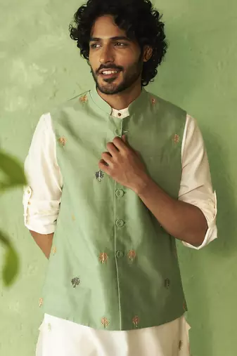 Green plain chanderi nehru jacket set