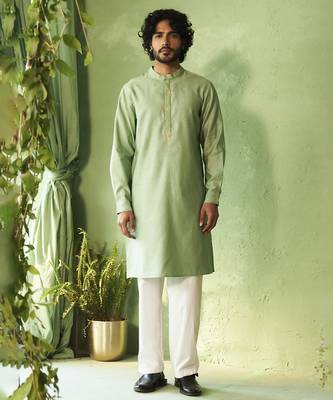 Green plain chanderi nehru jacket set 1