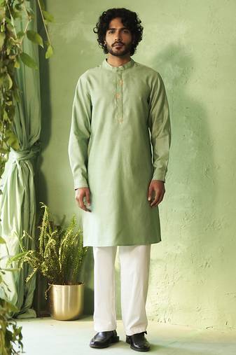 Green plain chanderi nehru jacket set