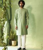 Green plain chanderi nehru jacket set