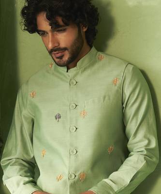 Green plain chanderi nehru jacket set 2