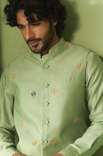 Green plain chanderi nehru jacket set
