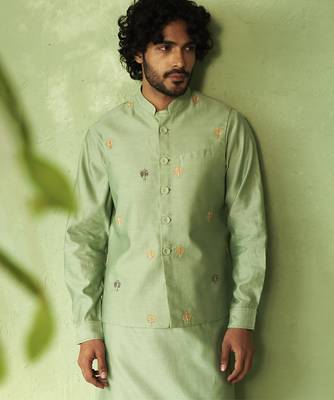 Green plain chanderi nehru jacket set 3