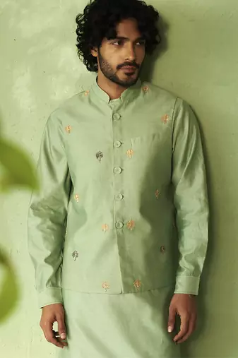 Green plain chanderi nehru jacket set