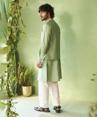 Green plain chanderi nehru jacket set 4