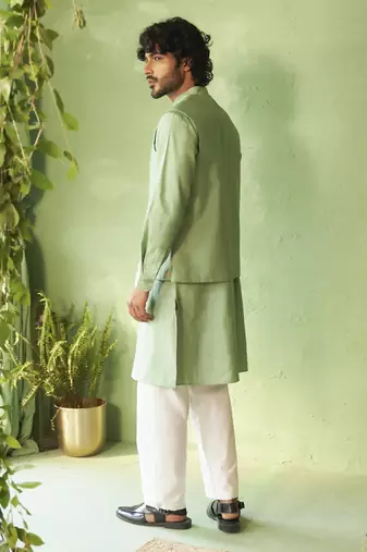Green plain chanderi nehru jacket set