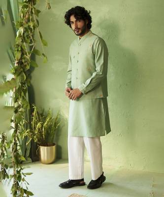 Green plain chanderi nehru jacket set 5