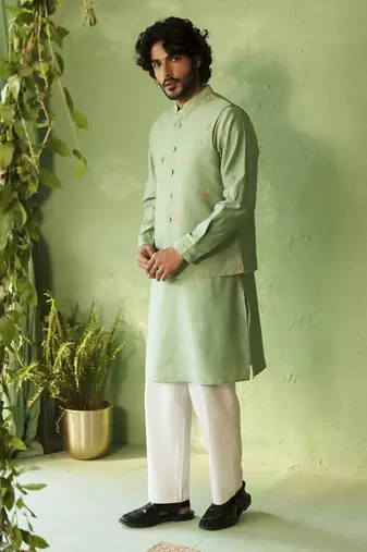 Green plain chanderi nehru jacket set