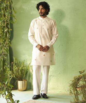 Green embroidered chanderi nehru jacket set 1