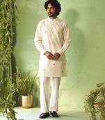 Green embroidered chanderi nehru jacket set