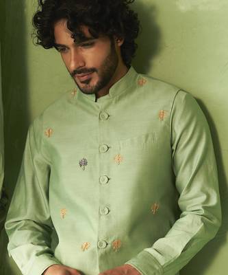 Green embroidered chanderi nehru jacket set 2