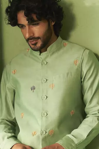 Green embroidered chanderi nehru jacket set