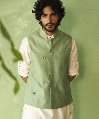 Green embroidered chanderi nehru jacket set 3