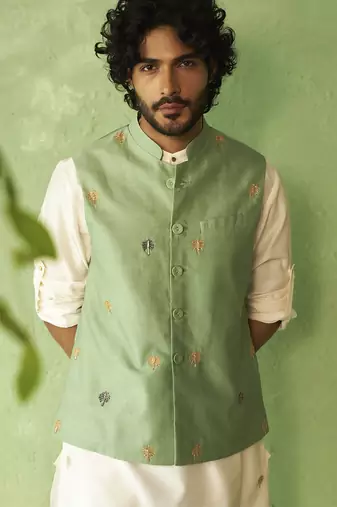 Green embroidered chanderi nehru jacket set