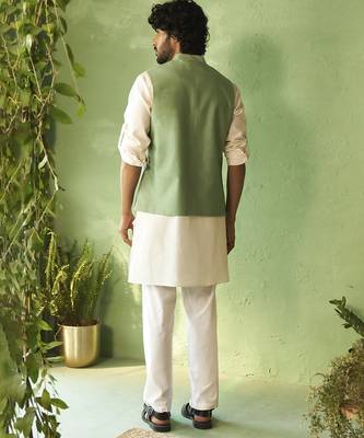 Green embroidered chanderi nehru jacket set 4