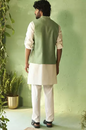 Green embroidered chanderi nehru jacket set