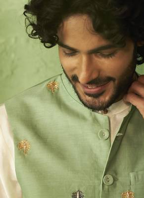 Green embroidered chanderi nehru jacket set 5
