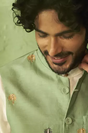 Green embroidered chanderi nehru jacket set