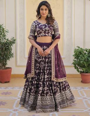 Gorgeous Wine embroidery with sequin and zari Dola Silk Jacquard indian designer wedding and party lehenga 5